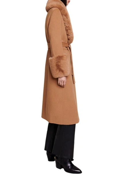 Shop Maje Wool Blend Belted Coat With Faux Fur Trim In Camel