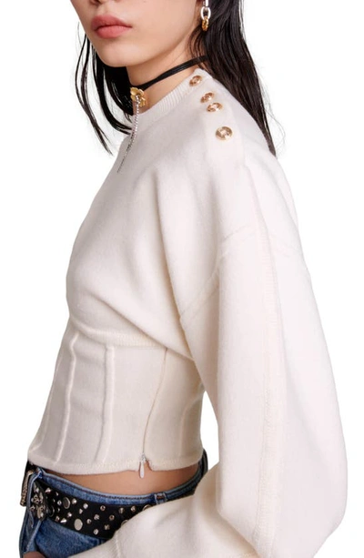 Maje Crop Lantern Sleeve Corset Detail Sweater In Ecru