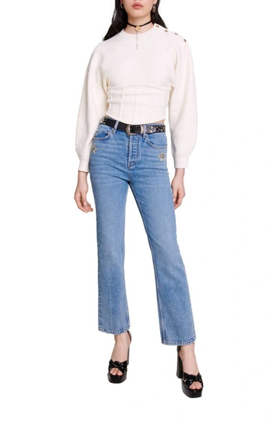 Maje Crop Lantern Sleeve Corset Detail Sweater In Ecru