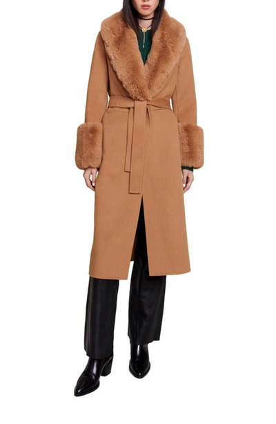 Shop Maje Wool Blend Belted Coat With Faux Fur Trim In Camel