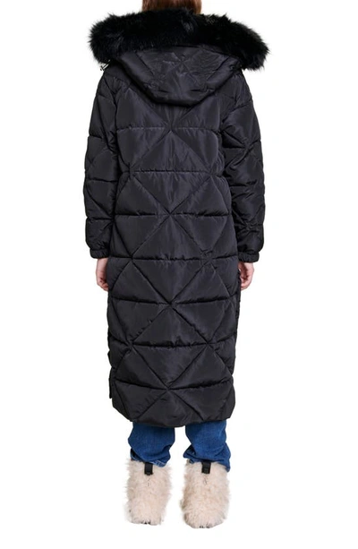 Shop Maje Longline Quilted Jacket With Faux Fur Trim In Black