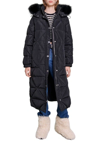 Shop Maje Longline Quilted Jacket With Faux Fur Trim In Black