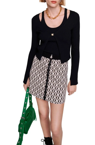 Maje Womens Tricolore Button-embellished Stripe Stretch Cotton-blend Mini Skirt In Ecru Black