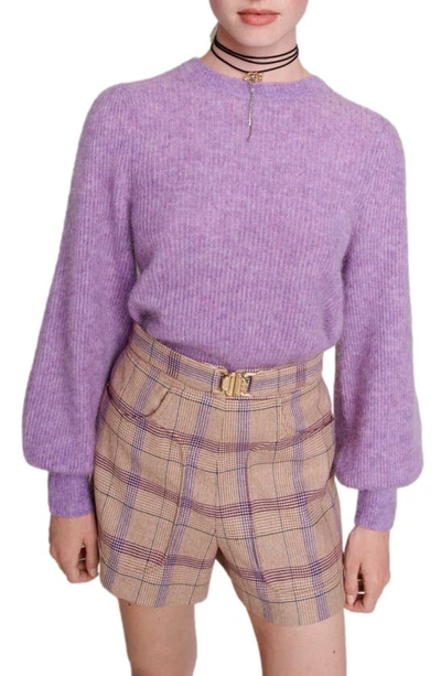 Shop Maje Balloon Sleeve Wool & Mohair Blend Rib Sweater In Purple