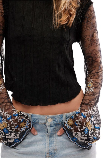 Shop Free People Don't Blame Me Sheer Lace Sleeve Rib Top In Black Combo