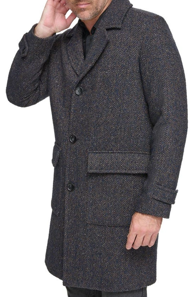 Shop Andrew Marc Wexford Herringbone Wool Blend Overcoat In Navy Herringbone Tweed