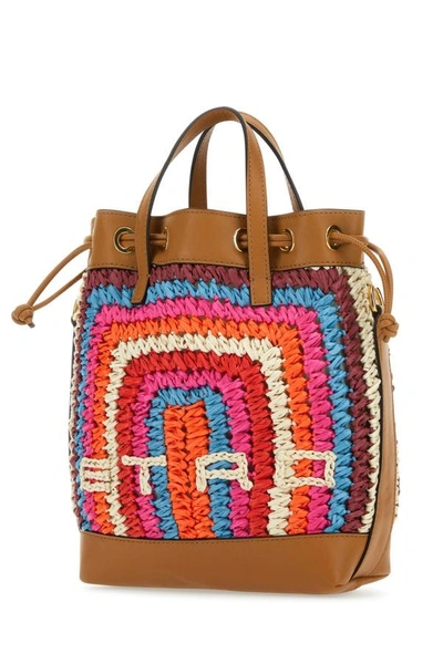 Shop Etro Woman Multicolor Raffia And Leather Bucket Bag
