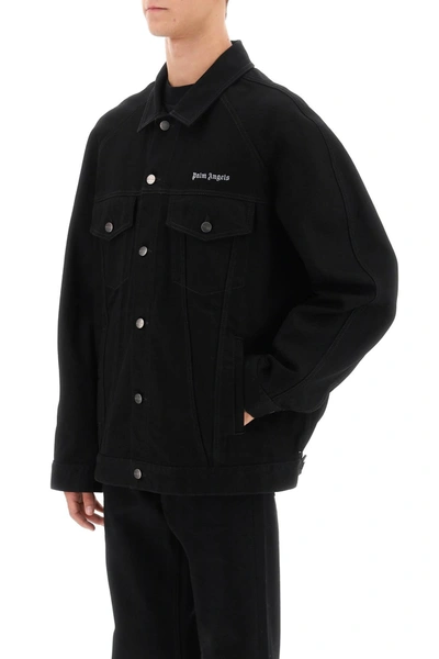 Shop Palm Angels Denim Jacket With Logo Embroidery Men In Black