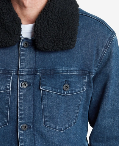 Kenneth Cole Stretch Denim Jacket In Blue With Sherpa Collar + Lining In Blue