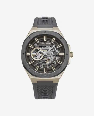 Shop Kenneth Cole Automatic Skeleton Sport Silicone Strap Watch In Silver