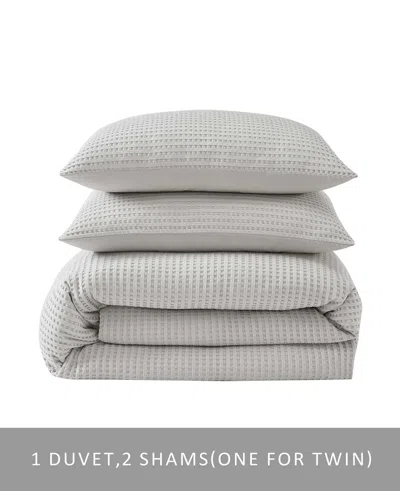 Kenneth Cole Reversible Solid White Waffle Duvet Cover Set In Grey