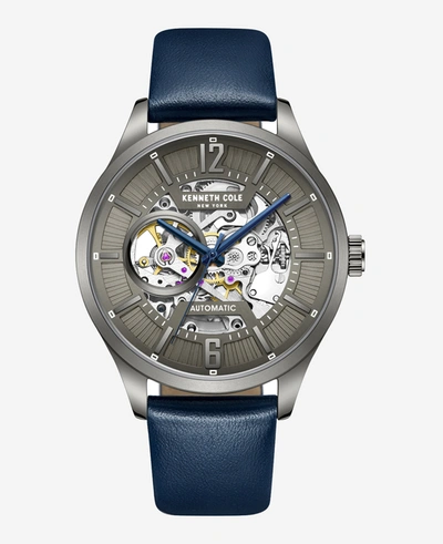 Shop Kenneth Cole Automatic Skeleton Leather Strap Watch In Blue