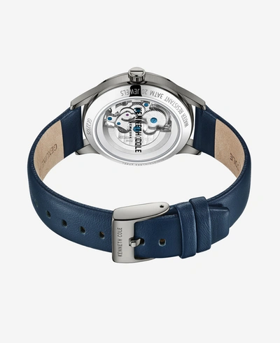 Shop Kenneth Cole Automatic Skeleton Leather Strap Watch In Blue