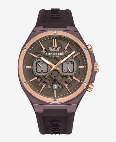 Shop Kenneth Cole Automatic Skeleton Multi-function Silicone Strap Watch In Brown Dark