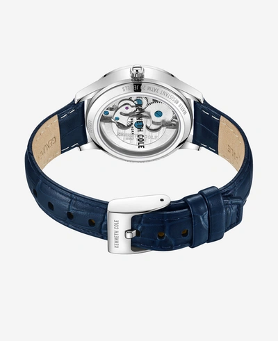 Shop Kenneth Cole Automatic Diamond-accented Leather Strap Watch In Blue