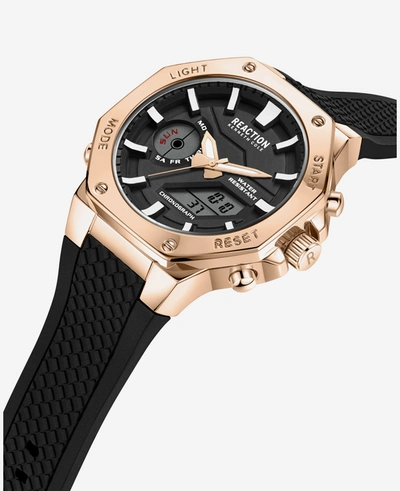 Shop Reaction Kenneth Cole Analog + Digital Rose Gold-tone Water Resistant Textured Silicone Strap Watch In Black
