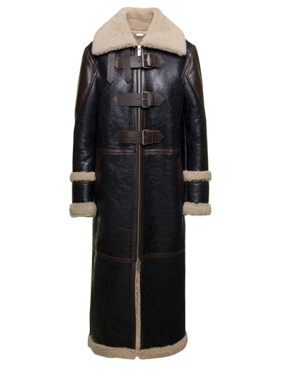 Shop Blumarine Black And Brown Coat With Oversized Collar In Leather Woman