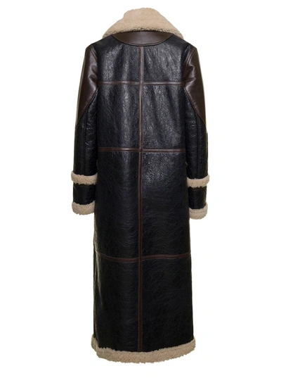 Shop Blumarine Black And Brown Coat With Oversized Collar In Leather Woman
