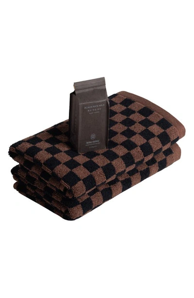 Shop Baina Hand Towels & Soap Gift Set In Tabac And Noir