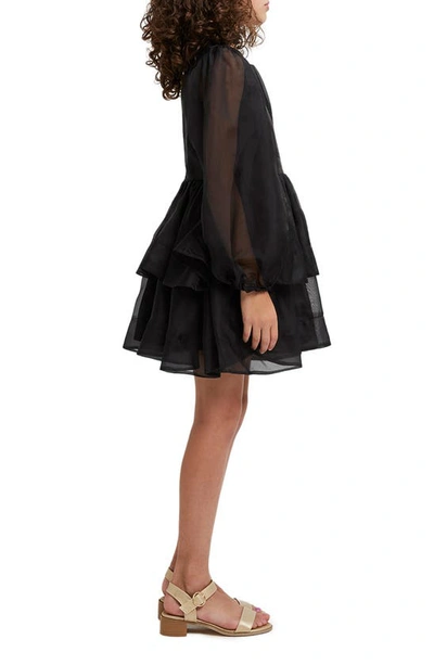 Shop Bardot Kids' Wednesday Long Sleeve Tiered Organza Party Dress In Black