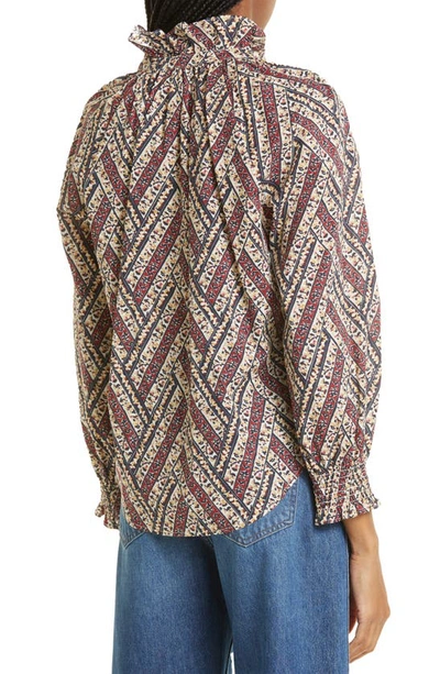 Shop Veronica Beard Calisto Stripe Ruffle Neck Cotton Shirt In Ecru Multi