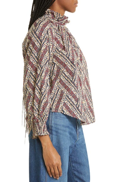 Shop Veronica Beard Calisto Stripe Ruffle Neck Cotton Shirt In Ecru Multi