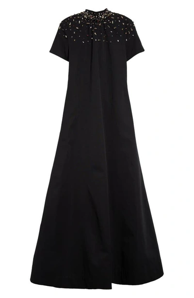 Shop Staud Ilana Embellished Mock Neck A-line Dress In Black/ Silver