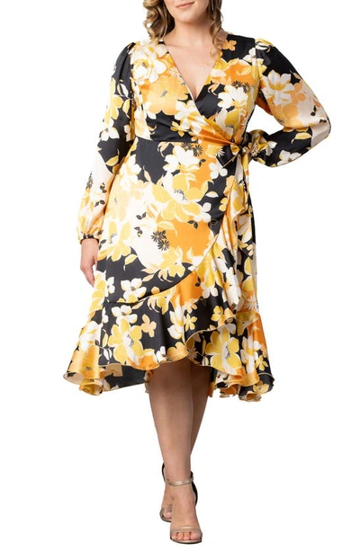 Shop Kiyonna Serena Long Sleeve Satin Wrap Dress In Sunset Blooms