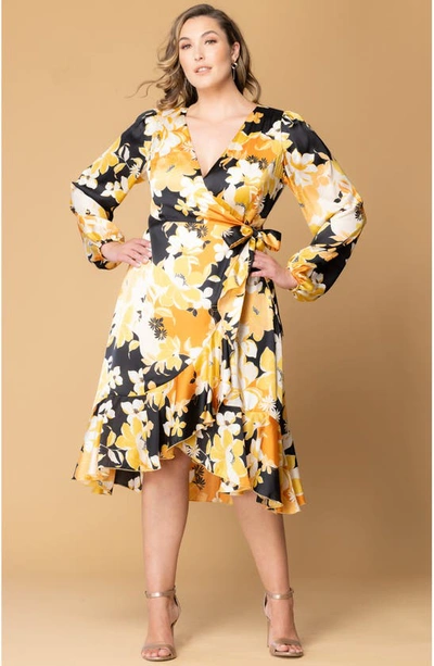 Shop Kiyonna Serena Long Sleeve Satin Wrap Dress In Sunset Blooms
