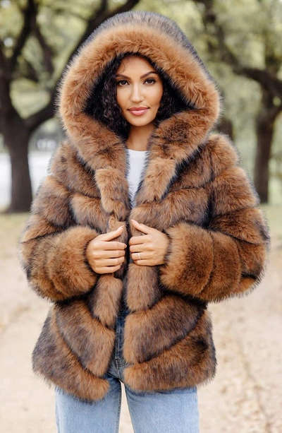 Shop Donna Salyers Fabulous-furs Chateau Quilted Faux Fur Hooded Coat In Cedar