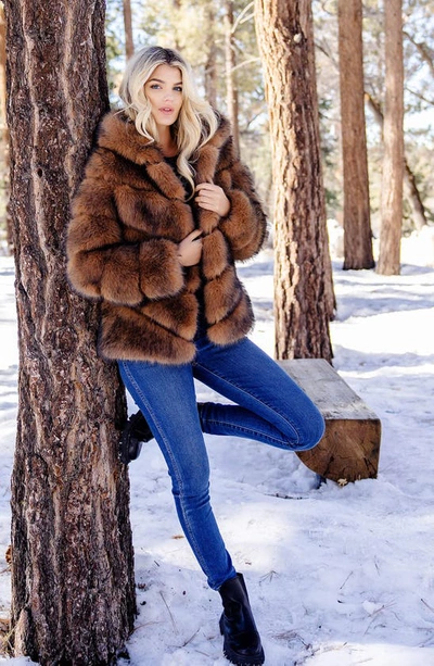Shop Donna Salyers Fabulous-furs Chateau Quilted Faux Fur Hooded Coat In Cedar