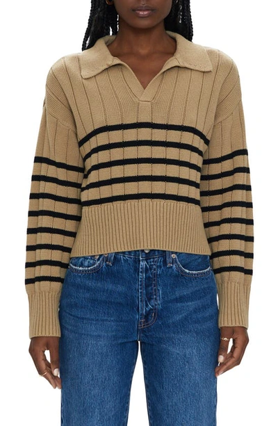 Shop Pistola Arlo Stripe Cotton Polo Sweater In Tan Noir Stripe