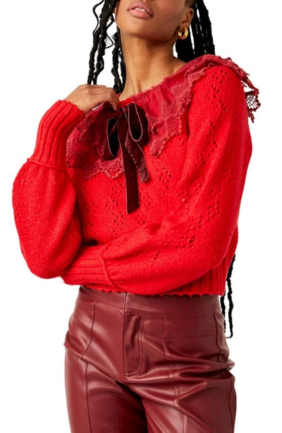 Shop Free People Hold Me Closer Lace Yoke Sweater In Red Garnet Combo