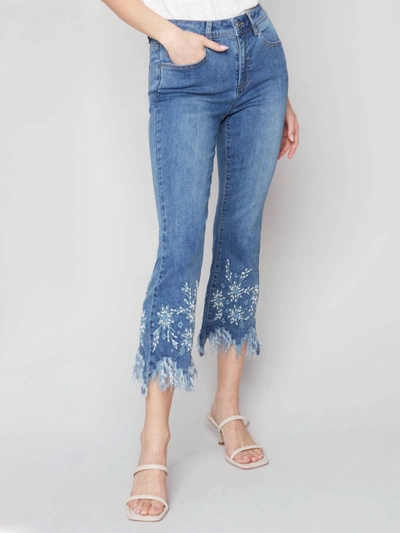Shop Charlie B Cropped Jeans With Embroidered Feathered Hem In Medium Blue