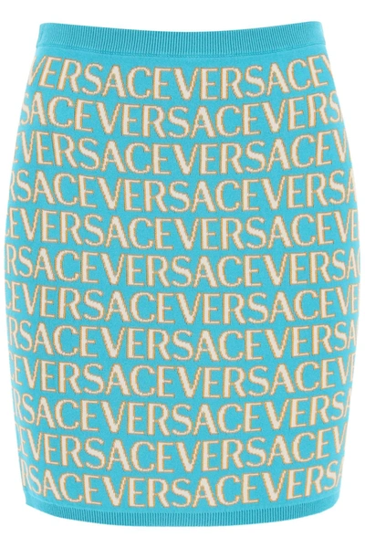 Shop Versace Monogram Knit Mini Skirt In Turquoise Light Blue (light Blue)