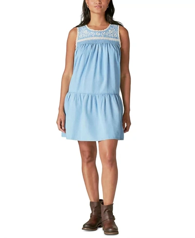 Shop Lucky Brand Embroidered Mini Dress In Chambray In Blue