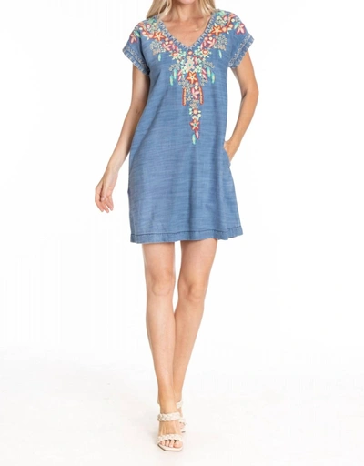 Shop Apny Floral Embroidered V-neck Dress In Indigo In Multi