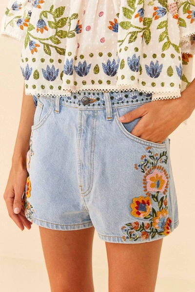Shop Farm Rio Embroidered Denim Shorts In Summer Garden In Multi