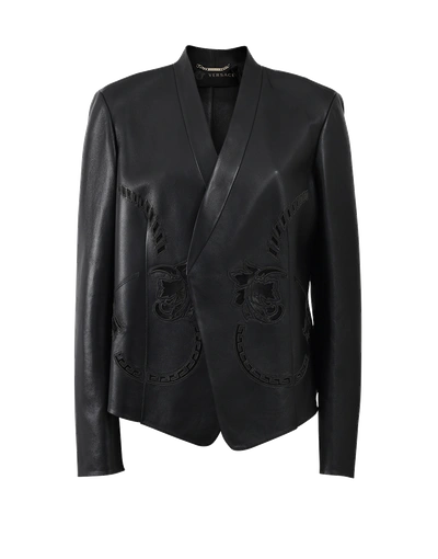 Shop Versace Lace And Leather Blazer In Black