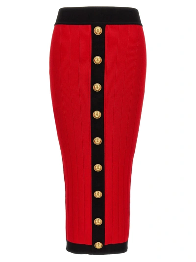 Shop Balmain Logo Button Midi Skirt In Red