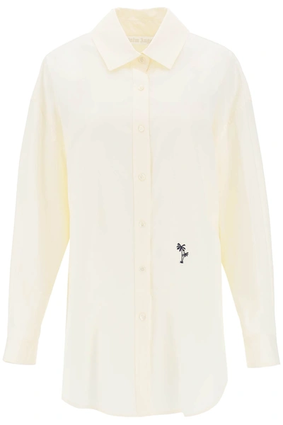 Shop Palm Angels Poplin Shirt With Palm Embroidery In Beige