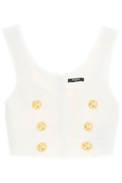 Shop Balmain Cropped Tank Top In Monochrome Tweed In Bianco