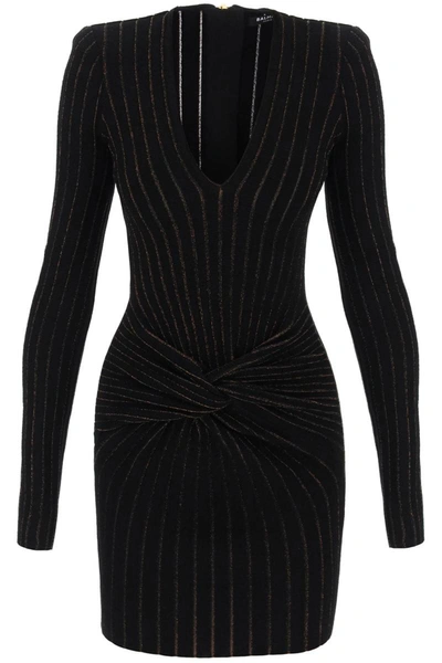 Shop Balmain Knitted Mini Dress With Lurex Stripes In Black