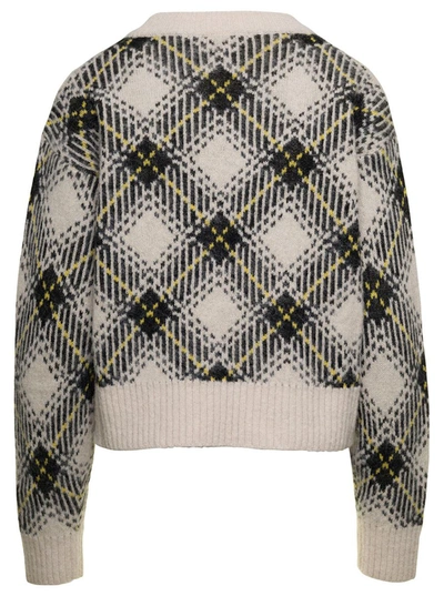 Shop Ganni Multicolor Cropped Sweater With Check Print In Wool Woman In Grey