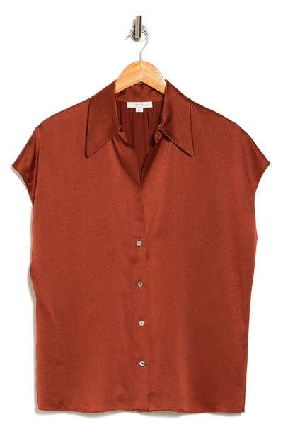 Shop Vince Cap Sleeve Ruched Back Silk Blouse In Cinnamon