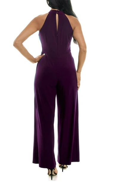 Nina Leonard Twist Halter Knit Jumpsuit In Black Plum