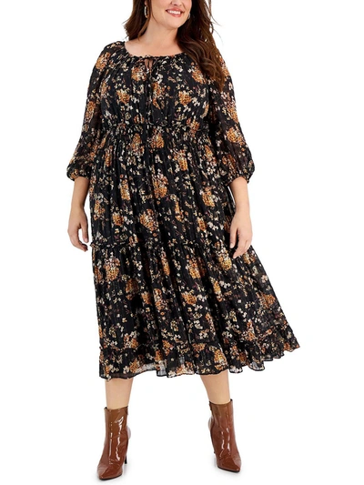 Shop Taylor Plus Womens Smocked Below Knee Midi Dress In Multi