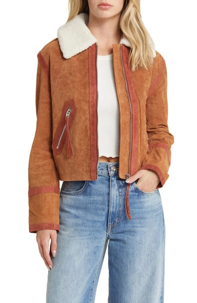 Shop Blanknyc Suede Jacket With Faux Shearling Collar In Caramel Sauce
