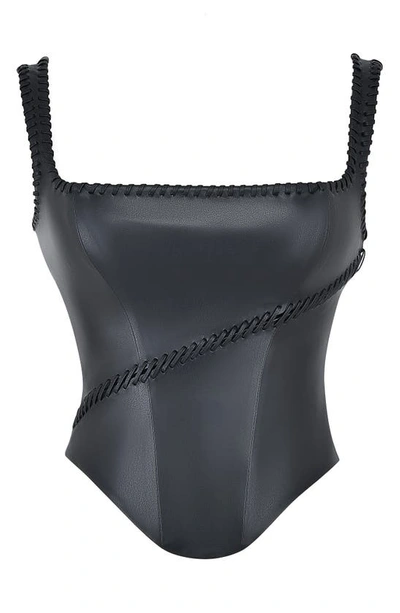 House Of Cb Leonie Whipstitch Faux Leather Corset Top In Black