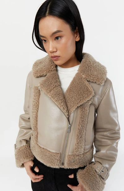 Shop Apparis Jay Faux Leather & Faux Shearling Moto Jacket In Taupe